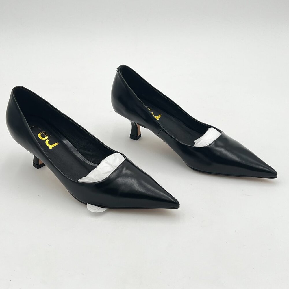 FSJ Black Kitten Heels Pointy Toe Pumps Slip On Office Ladies Party Date Shoe